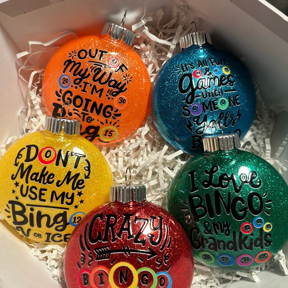 Colorful Bingo-Themed Holiday Ornaments Set